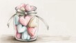 © Yana - Hand-drawn pastel heart candies in a glass jar tied with a grey ribbon for Valentine's Day celebration