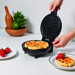 electric waffle maker for baking waffles at home on kitchen table and ready waffles