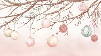 Hand-drawn New Year’s tree ornaments hanging from delicate branches in soft pastel colors celebrating the festive season