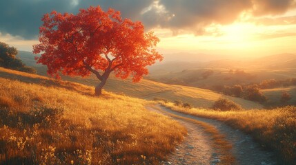 Poster - A vibrant orange tree stands alone in a serene meadow at sunset. The warm sunlight enhances the landscape, casting gentle shadows along a winding path leading into the horizon.
