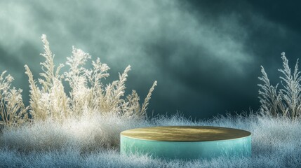 Poster - A circular podium stands amidst a field of frost-covered grass, surrounded by tall, glistening grass tufts. The cloudy sky casts a dramatic ambiance during the evening twilight.