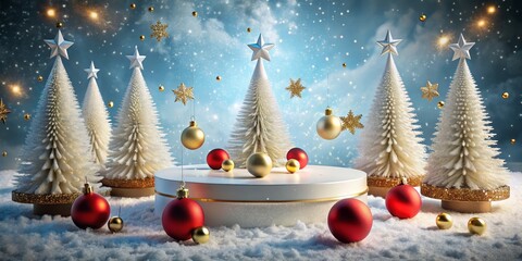 Festive Christmas Arrangement Elegant White Trees and Golden Ornaments on Blue Background - Magical Holiday Celebration Decor and Cheerful Mood