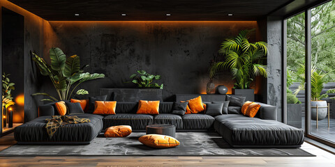 Wall Mural - A modern living room with a black sectional sofa, vibrant orange cushions, large indoor plants, and floor-to-ceiling windows bringing in natural light.