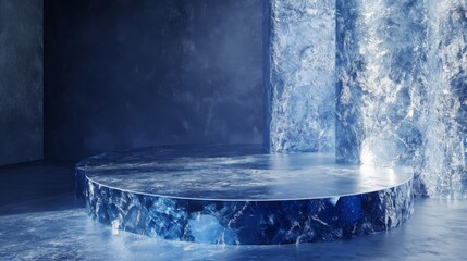 Fototapete - The circular platform stands prominently in a softly illuminated area, framed by smooth, blue translucent walls. The ambiance creates a tranquil and ethereal atmosphere, inviting exploration.
