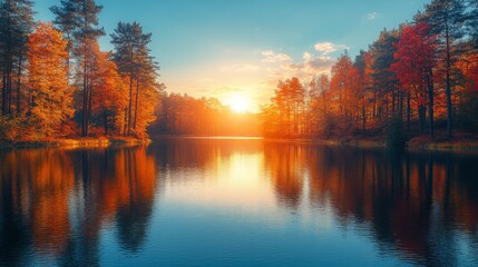 Poster - The sun sets over a calm lake, casting warm hues of orange and yellow across the water. Surrounding trees display rich autumn colors, creating a peaceful and picturesque backdrop.