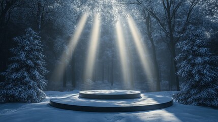Poster - Bright rays of light penetrate through the dense treetops, illuminating a snowy circular platform in a quiet forest.