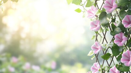 Wall Mural - Beautiful glory vines climb a trellis showcasing pink blooms in gentle sunlight