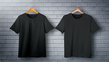 Two empty black t-shirts on gray brick wall background. Mock up place, advertisement concept. 3D Rendering.