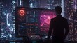 © cynz - A man in a fitted black suit stands next to a large touchscreen monitor in a tech company's futuristic boardroom. The city skyline outside glows with neon lights, but inside the room, the atmosphere