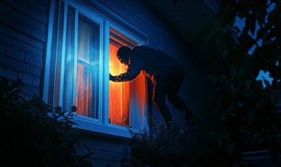 A hooded figure breaking into a house at night.