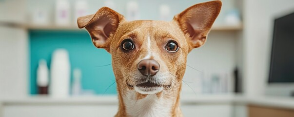 A playful dog with a curious expression and a sprinkle of food on its face, set against a bright, modern background.