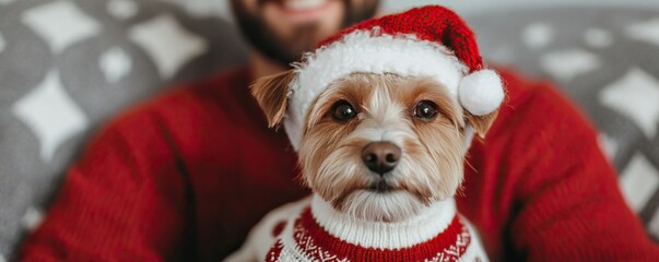 A festive dog in a Santa hat and sweater sits next to a smiling person, capturing the joyful spirit of the holiday season.