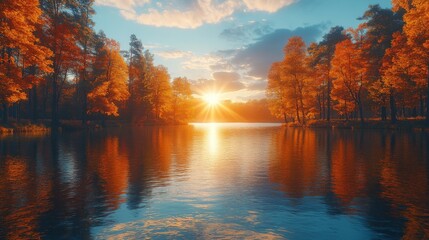 Poster - The sun sets over a peaceful lake, casting a warm golden glow on the water while colorful autumn trees create a stunning backdrop against the sky.