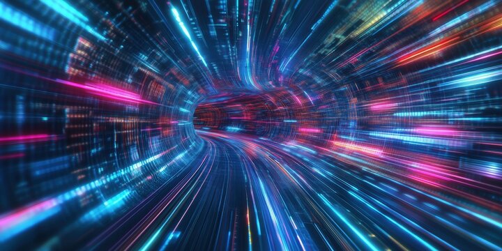 Technological futuristic neon tunnel with glow and blur effect, concept of speed, technology, virtualization and metaverses