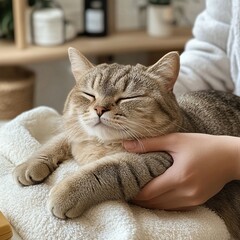 Wall Mural - A cozy cat resting peacefully on a soft surface, gently cradled by a hand, exuding warmth and comfort.