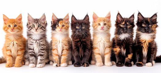 A group of small Maine Coon kittens of different colors, gray, red, black, sitting on a light background