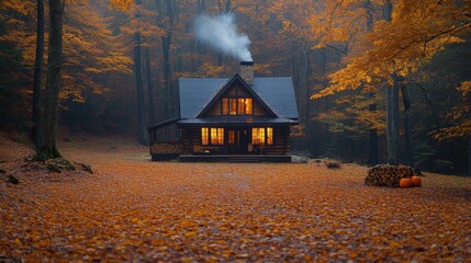 Aufkleber - A cozy cabin stands surrounded by colorful autumn foliage, with a warm glow from the windows and smoke curling from the chimney. Pumpkins decorate the landscape, enhancing the seasonal charm.
