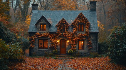 Aufkleber - This charming cottage, adorned with colorful autumn leaves, is nestled among trees, showcasing soft evening light filtering through the windows.