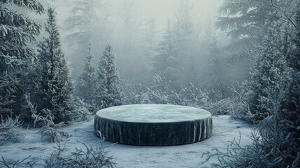 Aufkleber - A large, circular stone lies in a tranquil winter forest, bordered by frosty evergreen trees. The scene is enveloped in mist, creating an eerie yet peaceful atmosphere.