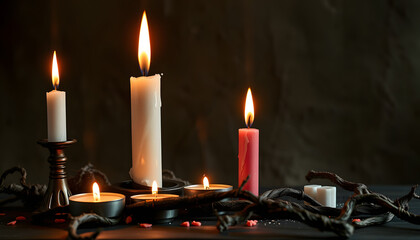 Witch's magic attributes with burning candles on grunge background, closeup isolated with white highlights, png