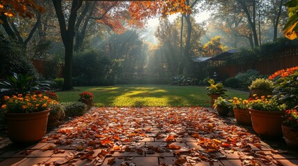 Aufkleber - Morning light bathes a serene garden filled with fallen leaves, vibrant flowers, and lush greenery, evoking a peaceful autumn atmosphere.