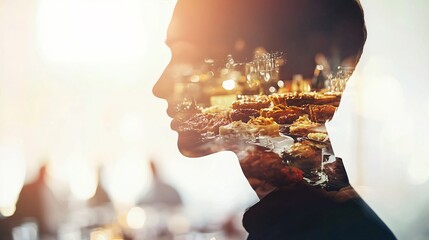 Silhouette of a man with a double exposure of a dessert table.