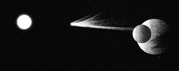 Wall Mural - Star and comet tail in outer space. Futuristic landscape, with noise texture . Space landscape with comet and sun . Deep space vector illustration