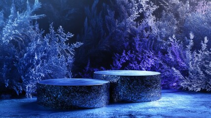 Two circular platforms, made of a blue, textured material, sit in front of a backdrop of blue, snowy trees.