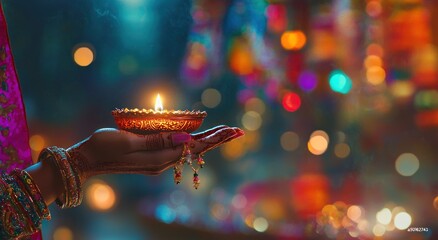 A woman's hands holding a diya lamp for the happy traditional Indian festival of Lohri, Burning candle in hands closeup Generative AI