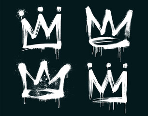 Realistic spray painted graffiti crown sign in black over white background. Crown drip symbol. Sprayed crown paint drip. Template graffiti crown tag. Street art king tag symbol. Vector Illustration