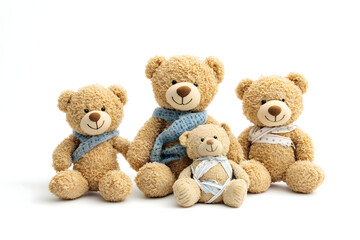 Wall Mural - family of four teddy bears wearing cozy scarves and bandages, symbolizing warmth, love, family care, and healing, ideal for gifts, childhood memories, and emotional connections