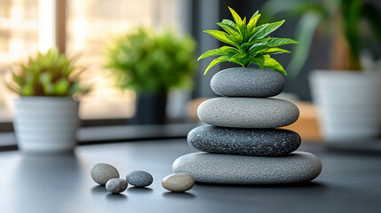 Canvas Print - businesswoman's hand delicately arranges zen stones, symbolizing balance, precision, and mindfulness in decision-making. Represents calm focus and stability in business and life