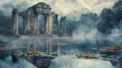 Illustration of a temple ruin submerged in a lake with morning mist rising softly