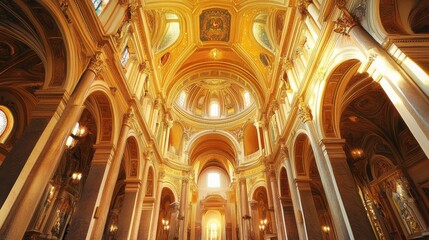 Canvas Print - Roman basilica with vaulted ceiling frescoes and gold accents bathed in light