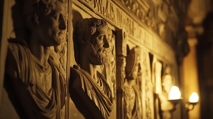 Canvas Print - Roman Senate chamber walls with intricate carvings warm light creating depth