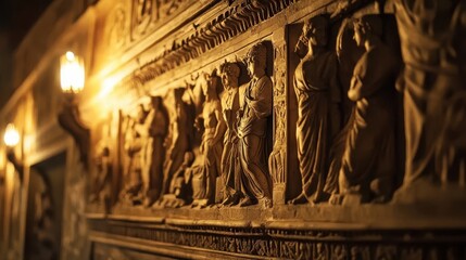 Wall Mural - Historical carvings in Senate chamber illuminated by gentle sconces creating warmth