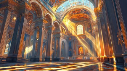 Wall Mural - Illustration of Roman basilica apse sunlight streaming through windows onto mosaic