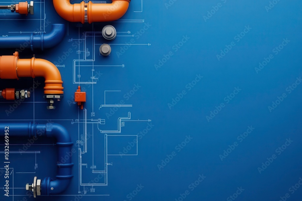 Industrial piping layout with blue background and technical drawings ...