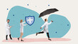 © master1305 - Group of doctors holding shields and umbrellas, symbolizing strong health protection, with one running forward representing urgent care. Healthcare, protection, security, medical service concept