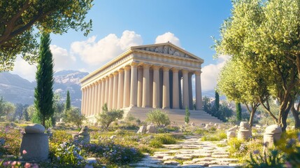 Canvas Print - Wide-angle view of Greek temple with aligned columns surrounded by blooming trees