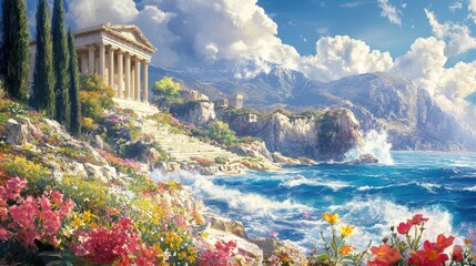 Canvas Print - Greek temple by dramatic coast sunlight reflecting off marble wildflowers blooming