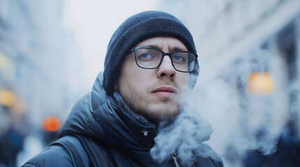 Man's serious portrait in cold winter city, confident male with breath vapor showcasing stylish fashion, autumn lifestyle in casual clothing, handsome young guy wearing a warm hat and scarf