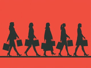 Silhouette of women walking with shopping bags against a vibrant red background a symbol of modern consumer culture and lifestyle choices