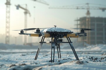Poster - An isolated image of a cutting-edge construction drone, An aerial view of a construction site as a drone hovers above, highlighting workers and equipment in action.