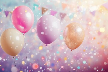 Colorful balloons floating in the air, with a background of a party celebration. Confetti, a birthday backdrop, and a banner create a blurred, bokeh effect Generative AI