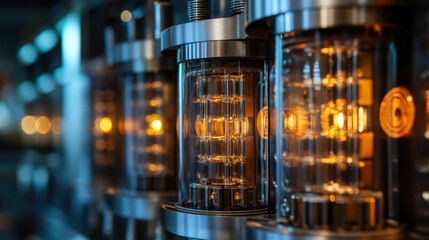 Poster - An intricate close-up of advanced machinery with illuminated components in a high-tech industrial setting at night