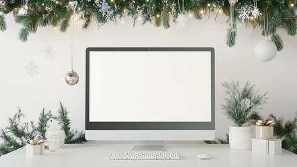 Front view of a computer with copy space on a table decorated in the Christmas season