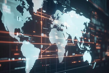 abstract world map on digital background with glowing lines and data representation.
