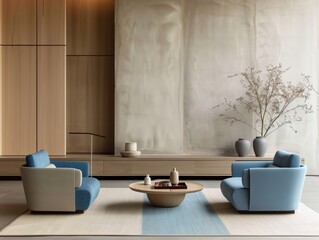 Living room with two blue chairs and a coffee table