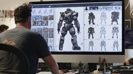 Fototapete - Game Developer Analyzing Character Designs in Creative Studio for Innovative Video Game Development